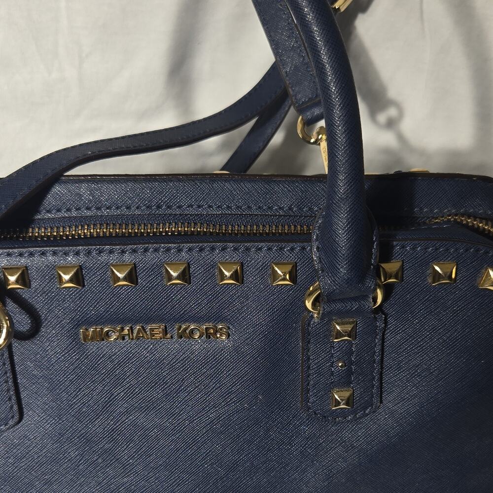 Michael Kors Navy Saffiano Leather Studded Satchel Bag Top Zip Large - Picture 5 of 14